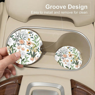 Car Cup Holder Coaster Car Coasters for Cup Holders 4 Pack Universal Anti Slip Insert Absorbent Ceramic Auto Interior Accessories with A Finger Notch & Cork Base Village Road Flowers