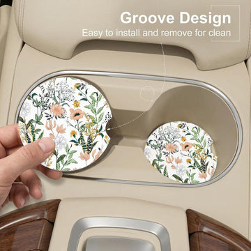 Car Cup Holder Coaster Car Coasters for Cup Holders 4 Pack Universal Anti Slip Insert Absorbent Ceramic Auto Interior Accessories with A Finger Notch & Cork Base Village Road Flowers - 0