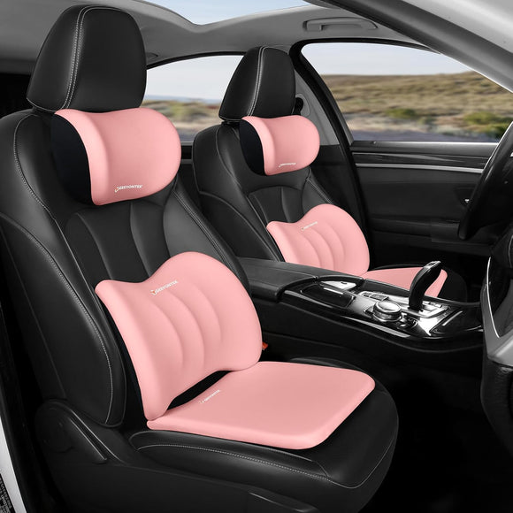 Car Seat Cushion with Neck Pillow & Lumbar Support Kit Back Sciatica Tailbone Pain Relief Car Pillows Ergonomic Memory Foam Back Support for Driving Seat Office Chair Wheelchair Pink