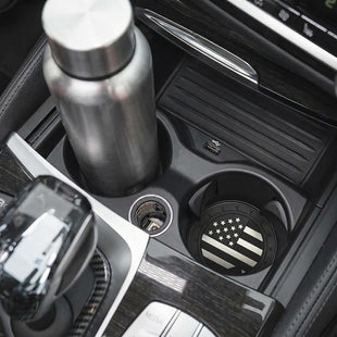 Car Cup Holder Coasters 4 Pack American Flag Insert Car Cup Coaster 2.75 Inch PVC Anti Slip Shockproof Embedded Drink Mat Car Interior Decoration Accessories for SUV Truck (Black)
