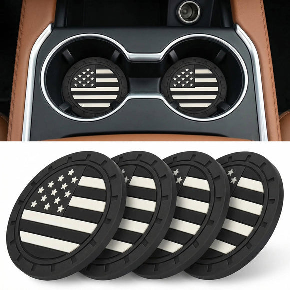 Car Cup Holder Coasters 4 Pack American Flag Insert Car Cup Coaster 2.75 Inch PVC Anti Slip Shockproof Embedded Drink Mat Car Interior Decoration Accessories for SUV Truck (Black)