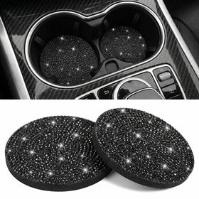 Bling Car Cup Holder Coaster 2 Pack Crystal Rhinestone Anti-Slip Insert Coasters Universal 2.75 Inch Fashion Automotive Cup Mat Car Interior Accessories Decor Gifts for Women (Black)