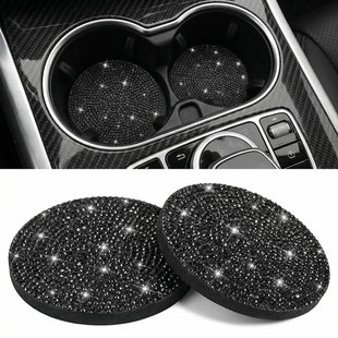 Bling Car Cup Holder Coaster 2 Pack Crystal Rhinestone Anti-Slip Insert Coasters Universal 2.75 Inch Fashion Automotive Cup Mat Car Interior Accessories Decor Gifts for Women (Black)