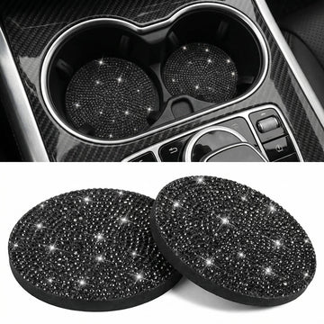 Bling Car Cup Holder Coaster 2 Pack Crystal Rhinestone Anti-Slip Insert Coasters Universal 2.75 Inch Fashion Automotive Cup Mat Car Interior Accessories Decor Gifts for Women (Black)