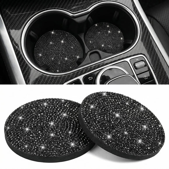 Bling Car Cup Holder Coaster 2 Pack Crystal Rhinestone Anti-Slip Insert Coasters Universal 2.75 Inch Fashion Automotive Cup Mat Car Interior Accessories Decor Gifts for Women (Black)