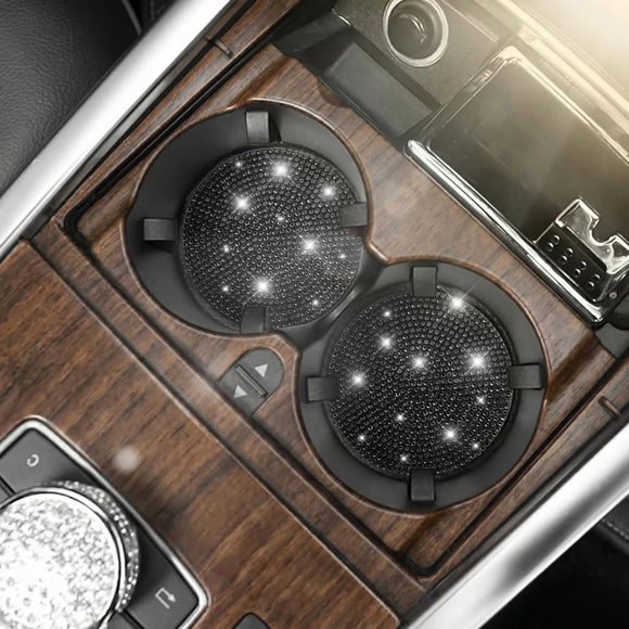 Bling Car Cup Holder Coaster 2 Pack Crystal Rhinestone Anti-Slip Insert Coasters Universal 2.75 Inch Fashion Automotive Cup Mat Car Interior Accessories Decor Gifts for Women (Black)