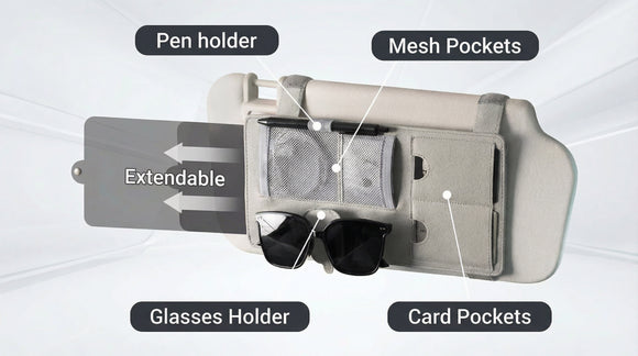 Sun Visor Extender for Car Sun Blocker with Magnetic Sunglass Holder Hanger Clip Ticket Card Organization Pouches Side Sunshade Visor Organizer Accessories Gray