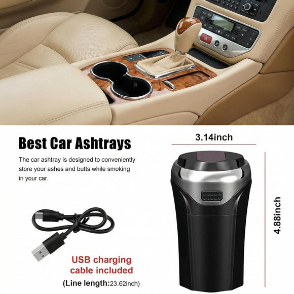 Car Ashtray with Lid Detachable USB Rechargeable Auto Cigarette Lighter with Blue LED Light Portable Smell Proof Stainless Car Ash Tray Mini Automotive Trash Can (Silver)