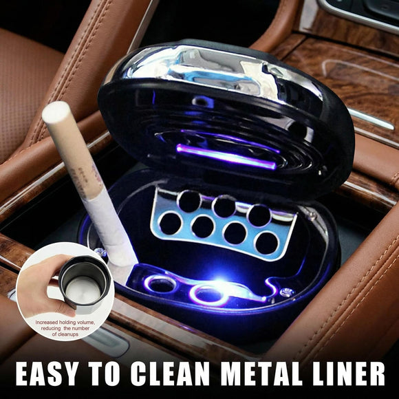 Car Ashtray with Lid Detachable USB Rechargeable Auto Cigarette Lighter with Blue LED Light Portable Smell Proof Stainless Car Ash Tray Mini Automotive Trash Can (Silver)