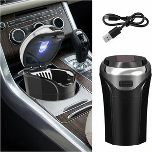 Car Ashtray with Lid Detachable USB Rechargeable Auto Cigarette Lighter with Blue LED Light Portable Smell Proof Stainless Car Ash Tray Mini Automotive Trash Can (Silver)