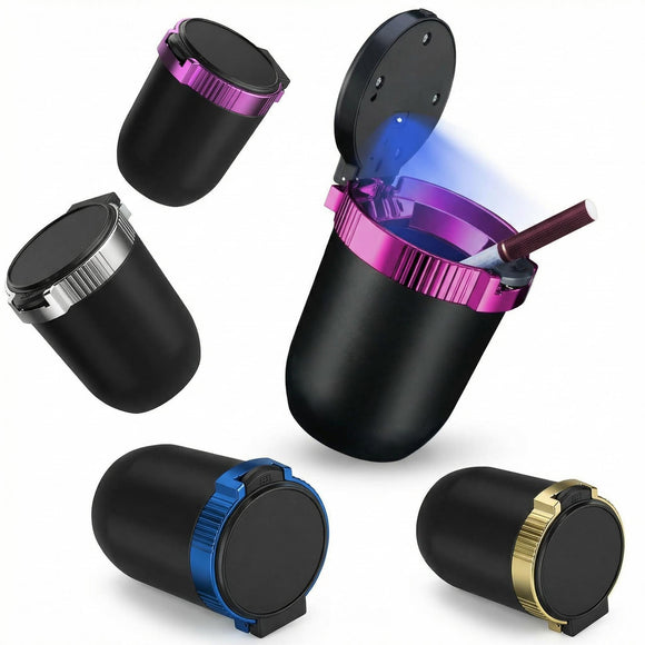 Smokeless Car Ashtray with Lid - Stainless Steel Inner Container Windproof Ashtray Portable LED Blue Light Auto Accessories for Travel Detachable Mini Trash Can (Purple 1-Pack)