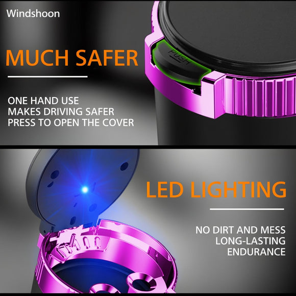 Smokeless Car Ashtray with Lid - Stainless Steel Inner Container Windproof Ashtray Portable LED Blue Light Auto Accessories for Travel Detachable Mini Trash Can (Purple 1-Pack)