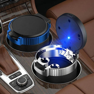 Smokeless Car Ashtray with Lid - Stainless Steel Inner Container Windproof Ashtray Portable LED Blue Light Auto Accessories for Travel Detachable Mini Trash Can (Purple 1-Pack)