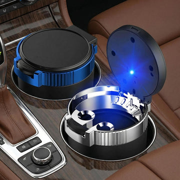 Smokeless Car Ashtray with Lid - Stainless Steel Inner Container Windproof Ashtray Portable LED Blue Light Auto Accessories for Travel Detachable Mini Trash Can (Purple 1-Pack)