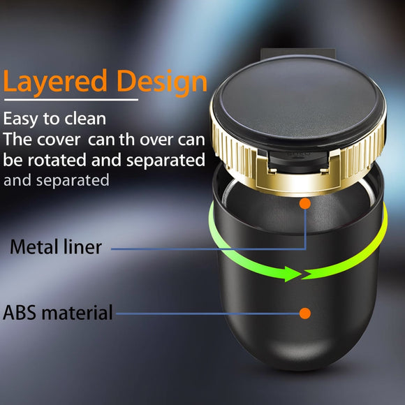 Smokeless Car Ashtray with Lid - Stainless Steel Inner Container Windproof Ashtray Portable LED Blue Light Auto Accessories for Travel Detachable Mini Trash Can (Golden 1-Pack)