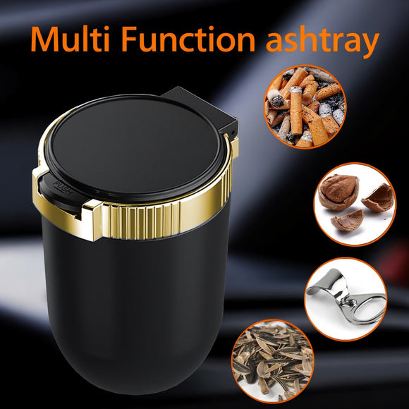 Smokeless Car Ashtray with Lid - Stainless Steel Inner Container Windproof Ashtray Portable LED Blue Light Auto Accessories for Travel Detachable Mini Trash Can (Golden 1-Pack)