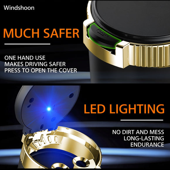 Smokeless Car Ashtray with Lid - Stainless Steel Inner Container Windproof Ashtray Portable LED Blue Light Auto Accessories for Travel Detachable Mini Trash Can (Golden 1-Pack)