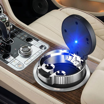Smokeless Car Ashtray with Lid - Stainless Steel Inner Container Windproof Ashtray Portable LED Blue Light Auto Accessories for Travel Detachable Mini Trash Can (Golden 1-Pack)