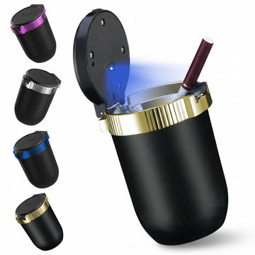 Smokeless Car Ashtray with Lid - Stainless Steel Inner Container Windproof Ashtray Portable LED Blue Light Auto Accessories for Travel Detachable Mini Trash Can (Golden 1-Pack) - 0