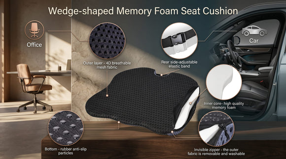 Premium Car Seat Cushion for Enhanced Comfort - 100% Polyurethane Wedge-Shaped Memory Foam Design Improves Driving Visibility & Relieves Sciatica and Coccyx Pain.
