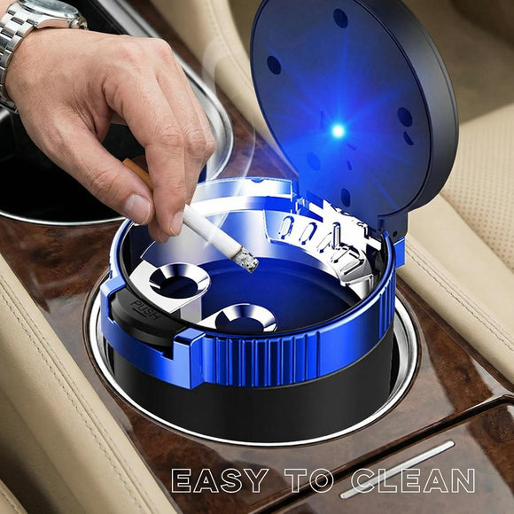 Car Ashtray with Lid Detachable Stainless Steel Smokeless Auto Ashtray with Blue LED Light Mini Vehicle Trash Can for Cup Holder Home Office Interior Car Accessories (Blue)