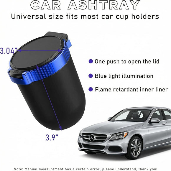Car Ashtray with Lid Detachable Stainless Steel Smokeless Auto Ashtray with Blue LED Light Mini Vehicle Trash Can for Cup Holder Home Office Interior Car Accessories (Blue)