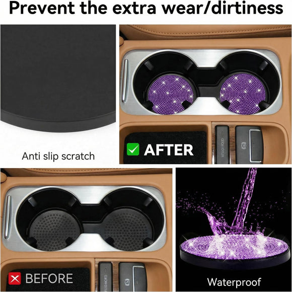 Bling Cup Holder Coasters for Car 2PCS Universal Non-Slip Cup Holder Embedded Decorative Coasters Shiny Crystal Car Interior Accessories Gifts for Women (Purple)