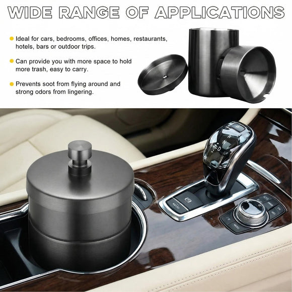 Car Ashtray with Lid Stainless Steel Smokeless Smell Proof Auto Ash Tray Detachable Mini Portable Cup Holder Cigarette Ashtray for Vehicle Office Home Car Accessories (Black)