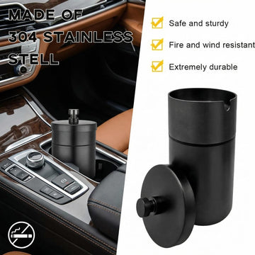 Car Ashtray with Lid Stainless Steel Smokeless Smell Proof Auto Ash Tray Detachable Mini Portable Cup Holder Cigarette Ashtray for Vehicle Office Home Car Accessories (Black) - 0