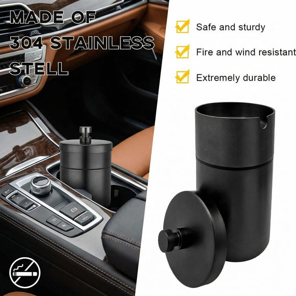 Car Ashtray with Lid Stainless Steel Smokeless Smell Proof Auto Ash Tray Detachable Mini Portable Cup Holder Cigarette Ashtray for Vehicle Office Home Car Accessories (Black)