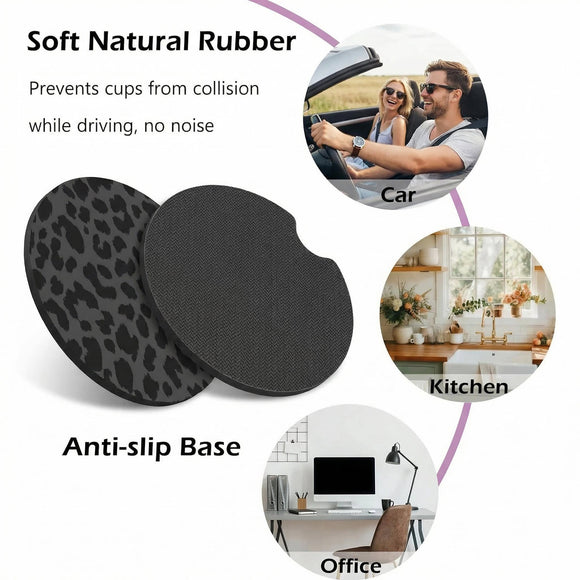 2 Pcs Car Cup Coasters Black Leopard Print Universal Non-Slip Rubber Car Coasters for Cup Holders 2.75 inch Car Interior Accessories for Women