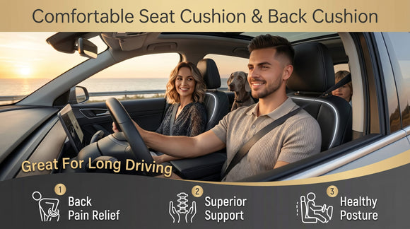 Car Seat Cushion with Back Support Pillow Comfy Lumbar Support & Seat Cushion Memory Foam Driving Pillow for Back-Sciatica Pain Relief Auto Pad Suitable for Car Truck SUV - Black