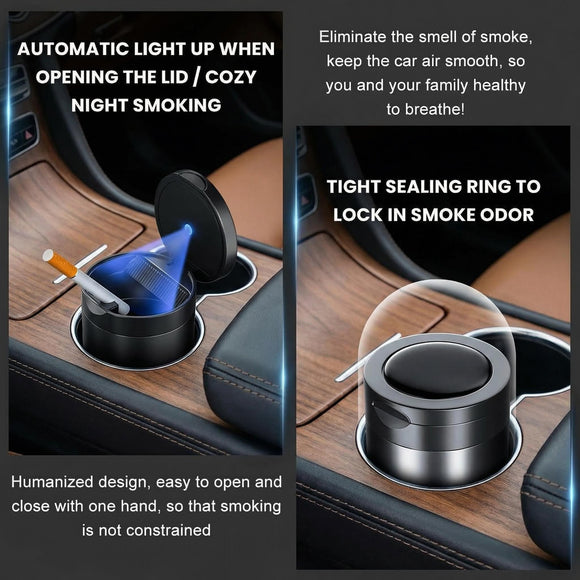 Car Ashtray with Lid Zinc Alloy Detachable Auto Ashtray with Led Blue light Mini Portable Ashtray Trash Can Fit for Most Vehicles Universal Interior Car Accessories (Gray)