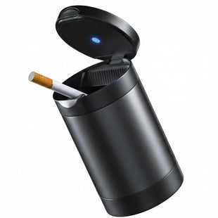 Car Ashtray with Lid Zinc Alloy Detachable Auto Ashtray with Led Blue light Mini Portable Ashtray Trash Can Fit for Most Vehicles Universal Interior Car Accessories (Gray)