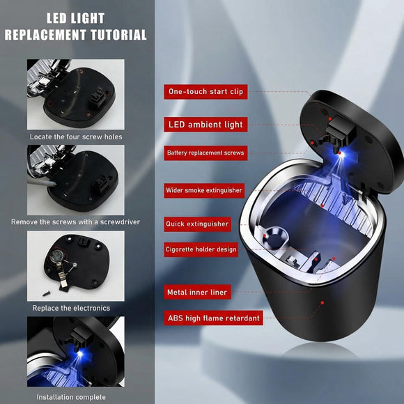 Car Ashtray Detachable Stainless Steel Smokeless Ash Tray with LED Blue Light Auto Ashtray with Lid Smell Proof Weed for Most Vehicles Universal Interior Car Accessories