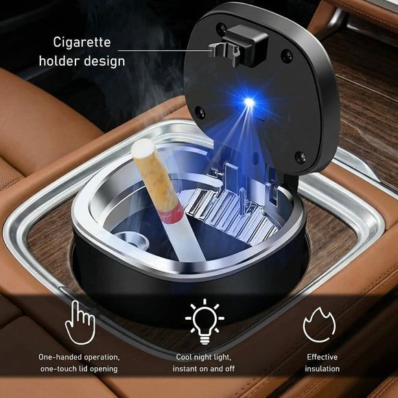 Car Ashtray Detachable Stainless Steel Smokeless Ash Tray with LED Blue Light Auto Ashtray with Lid Smell Proof Weed for Most Vehicles Universal Interior Car Accessories