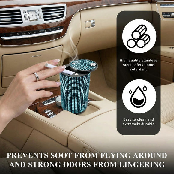 Bling Car Ashtray Rhinestones Auto Mini Car Ashtray Portable with Lid Smell Proof Smokeless Vehicle Cigarette Ashtray Ash for Women Universal Interior Car Accessories (Blue)