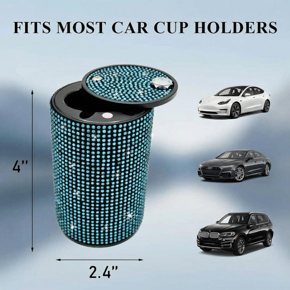 Bling Car Ashtray Rhinestones Auto Mini Car Ashtray Portable with Lid Smell Proof Smokeless Vehicle Cigarette Ashtray Ash for Women Universal Interior Car Accessories (Blue)