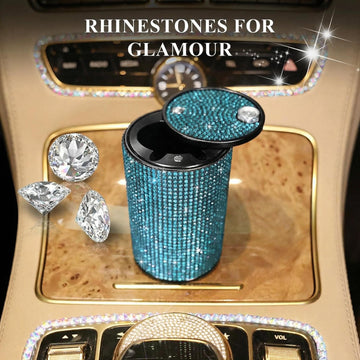 Bling Car Ashtray Rhinestones Auto Mini Car Ashtray Portable with Lid Smell Proof Smokeless Vehicle Cigarette Ashtray Ash for Women Universal Interior Car Accessories (Blue) - 0