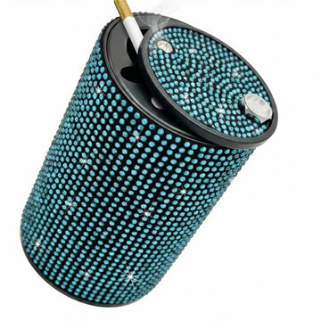 Bling Car Ashtray Rhinestones Auto Mini Car Ashtray Portable with Lid Smell Proof Smokeless Vehicle Cigarette Ashtray Ash for Women Universal Interior Car Accessories (Blue)