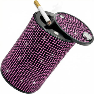 Bling Car Ashtray Rhinestones Auto Mini Car Ashtray Portable with Lid Smell Proof Smokeless Vehicle Cigarette Ashtray Ash for Women Universal Interior Car Accessories (Pink)