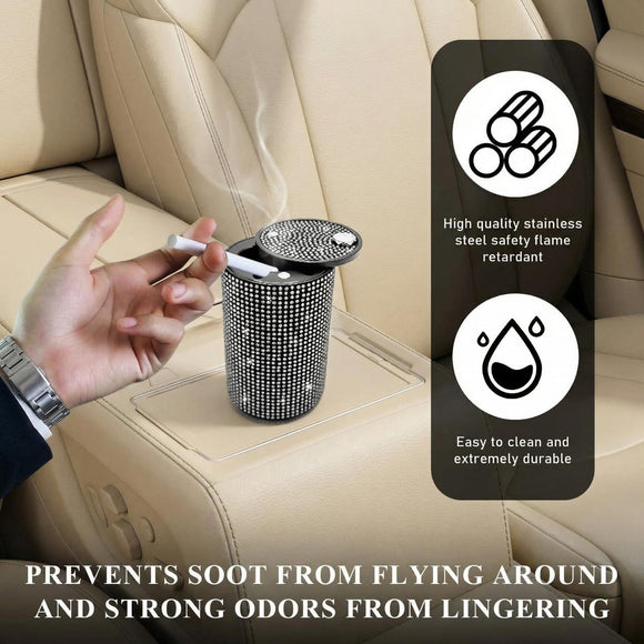 Bling Car Ashtray Rhinestones Auto Mini Car Ashtray Portable with Lid Smell Proof Smokeless Vehicle Cigarette Ashtray Ash for Women Universal Interior Car Accessories (White)