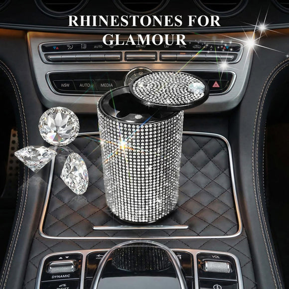 Bling Car Ashtray Rhinestones Auto Mini Car Ashtray Portable with Lid Smell Proof Smokeless Vehicle Cigarette Ashtray Ash for Women Universal Interior Car Accessories (White)