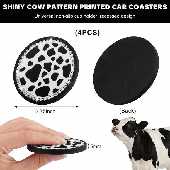4 PCS Cow Print Car Cup Coaster 2.75 Inch Anti-Slip Auto Cup Holder Insert Coaster Anti Slip Bling Cup Mats with Flower Pattern Universal Interior Car Accessories (Cow Print)