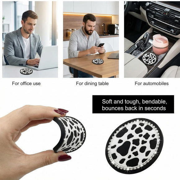 4 PCS Cow Print Car Cup Coaster 2.75 Inch Anti-Slip Auto Cup Holder Insert Coaster Anti Slip Bling Cup Mats with Flower Pattern Universal Interior Car Accessories (Cow Print)