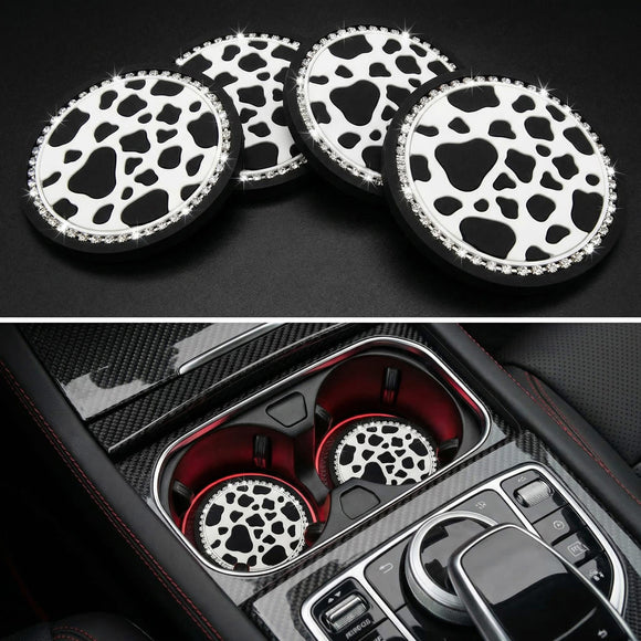 4 PCS Cow Print Car Cup Coaster 2.75 Inch Anti-Slip Auto Cup Holder Insert Coaster Anti Slip Bling Cup Mats with Flower Pattern Universal Interior Car Accessories (Cow Print)