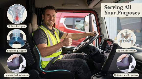 Seat Cushion for Truck Driver Memory Foam Truck Seat Cushion with Adjustable Strap Ergonomic Back Support & Sciatica Relief for Long Drives Semi Truck Accessories