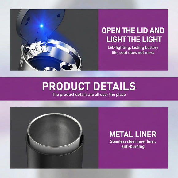 1 PC Car Ashtray 2.75 x 1.88 x 3.93 Seals Out Smoke Odors and Keeps Air Fresh Ashtray with Lid Detachable Cleanable One-handed Operation Storage Bin with LED Universal for Cars (Purple)