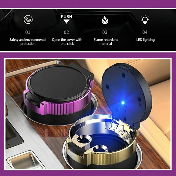 1 PC Car Ashtray 2.75 x 1.88 x 3.93 Seals Out Smoke Odors and Keeps Air Fresh Ashtray with Lid Detachable Cleanable One-handed Operation Storage Bin with LED Universal for Cars (Purple)