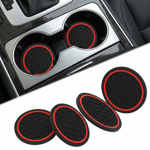 4PCS Car Cup Holder Coasters Dustproof Automotive Interior Accessories Mat 2.75 Inch Non-Slip Insert Water Bottle Holder Pads Universal for Vehicles Trucks RVs and More (Black/Red)